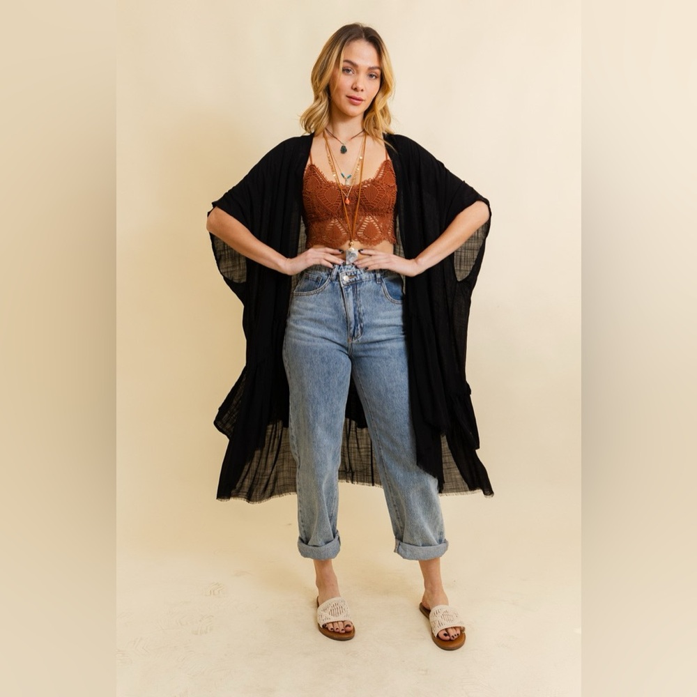 89. LAST 1! Black Cardigan Kimono Bohemian Boho Layer Flowy Duster tier ruffle - Picture 2 of 4